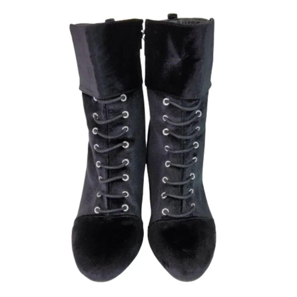 Diba Sz 8.5 Velveteen Cuffed Goth Buckle Lace Up Zip High Heel Ankle Boot Shoes